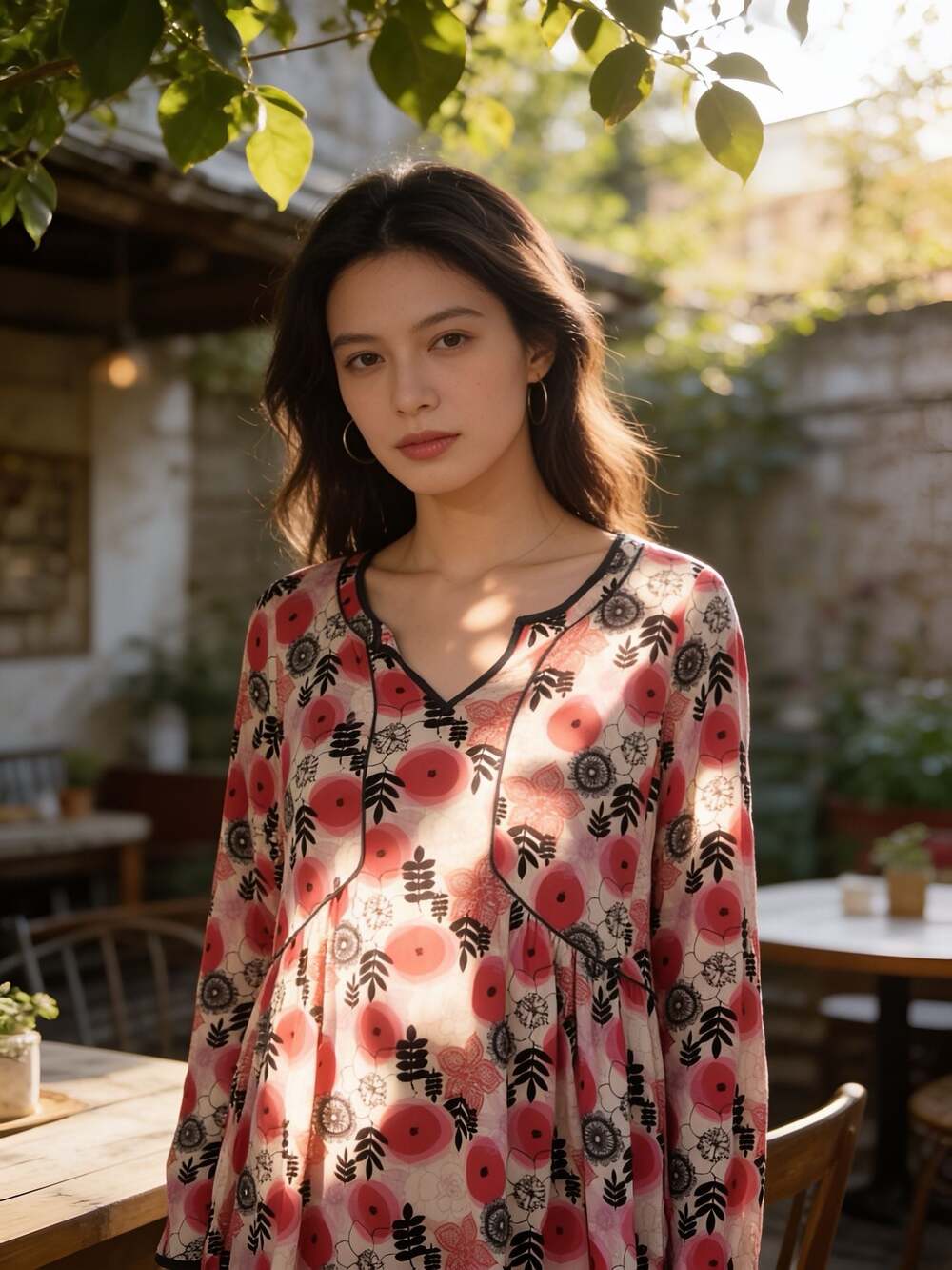 Matilda Jane Women's Floral Print Long Sleeve High-Low Peasant Tunic Top S